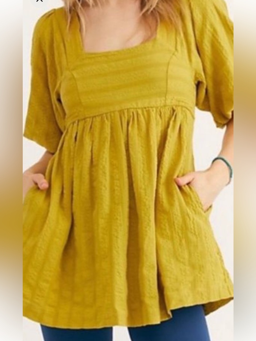 Free People Blouson Mustard Puff-Sleeve Square Neck